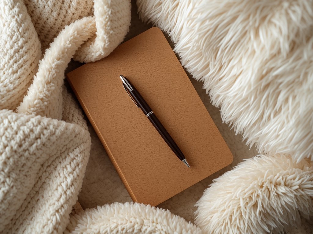 A beautifully crafted journal with a pen resting on top,