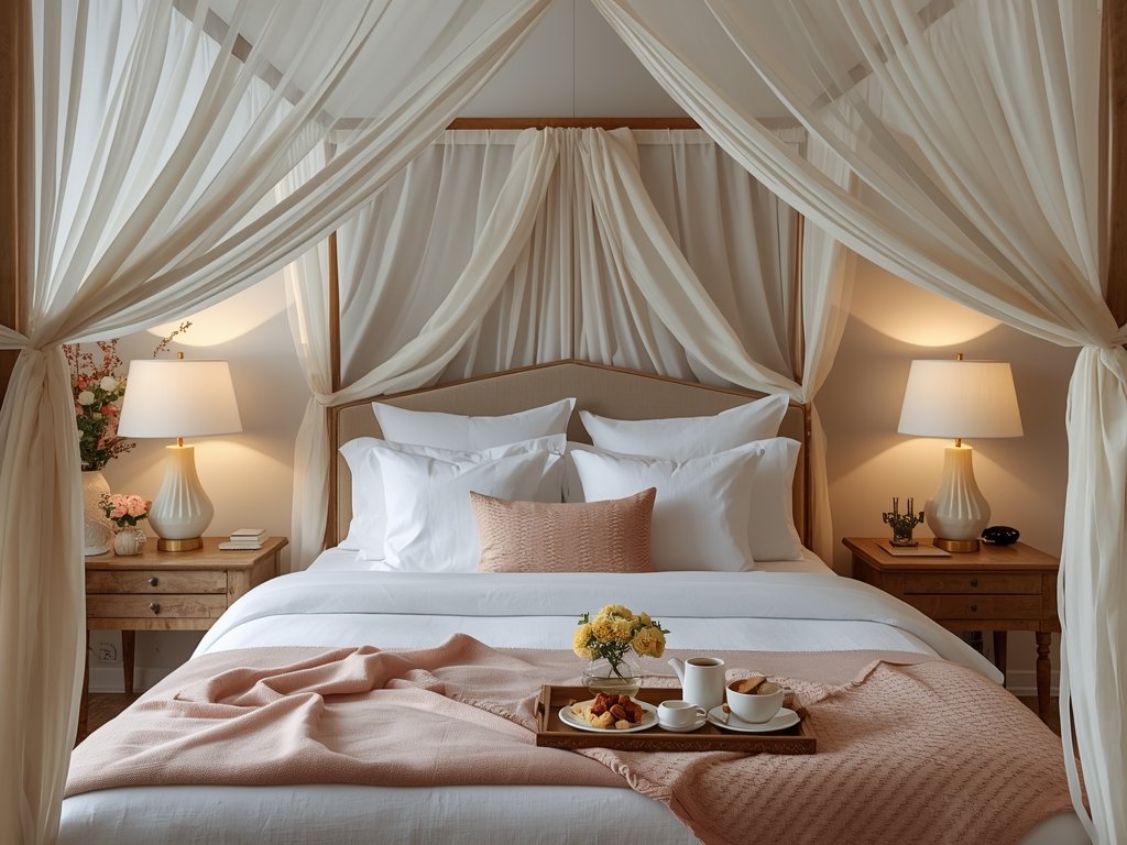 A beautifully curated bedroom with a canopy bed, soft lighting,