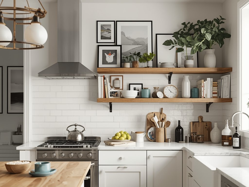 A beautifully curated kitchen wall with a mix of artwork,