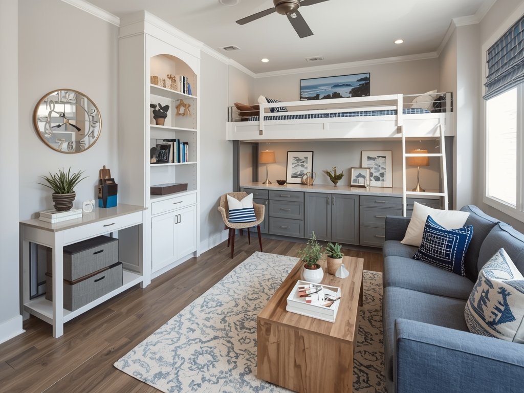 A beautifully decorated small bedroom with a lofted bed, built-in