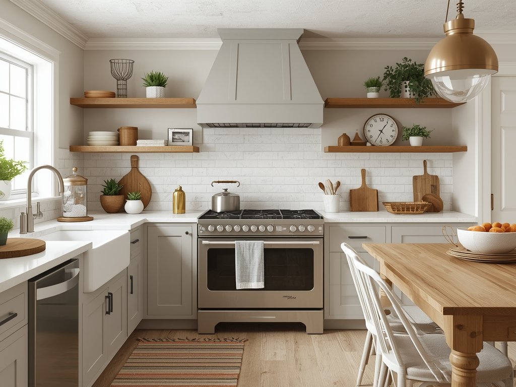 A beautifully designed farmhouse kitchen with a cohesive color palette,