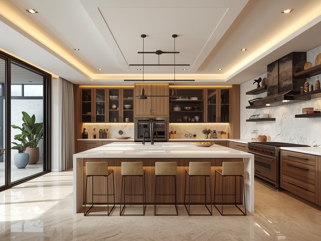 A beautifully designed open kitchen with seamless transitions, stylish decor,