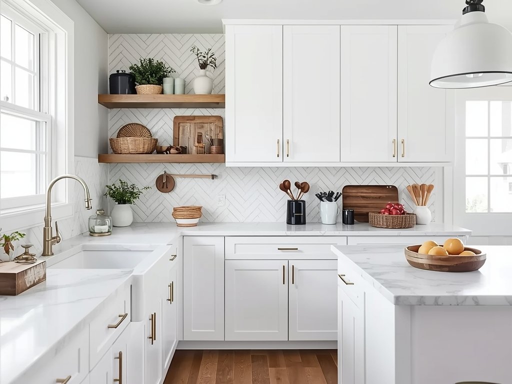 A beautifully organized small kitchen with white shaker cabinets, quartz