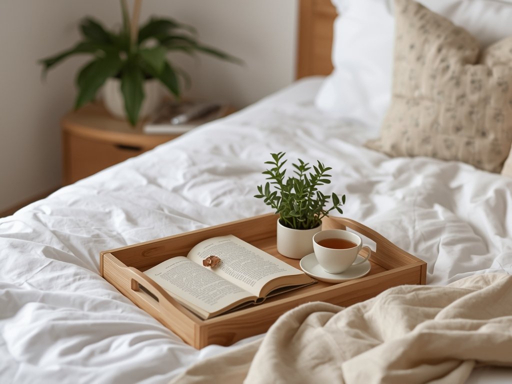 A beautifully styled bedroom with a tray on the bed