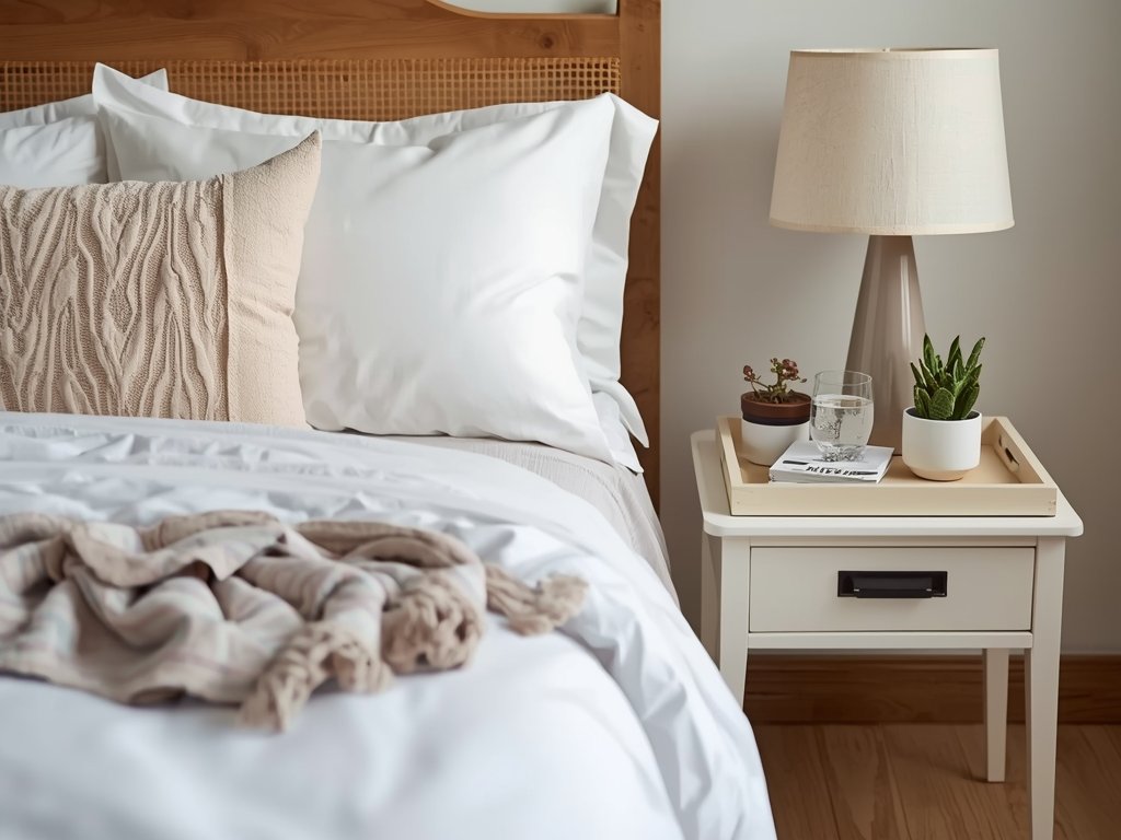 A beautifully styled bedroom with a neatly made bed, layered