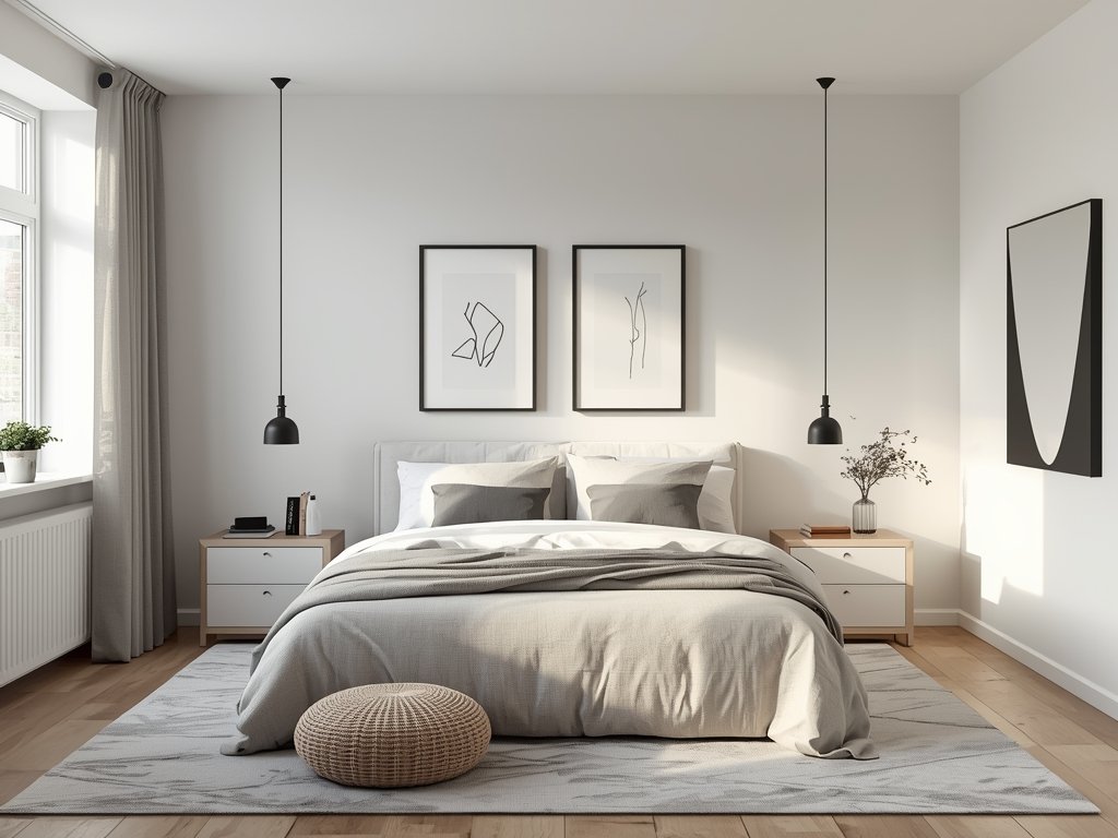 A beautifully styled bedroom with a balanced layout, neutral colors,