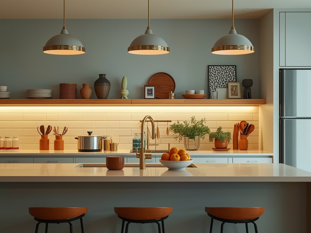 A beautifully styled kitchen counter with balanced decor, soft lighting,