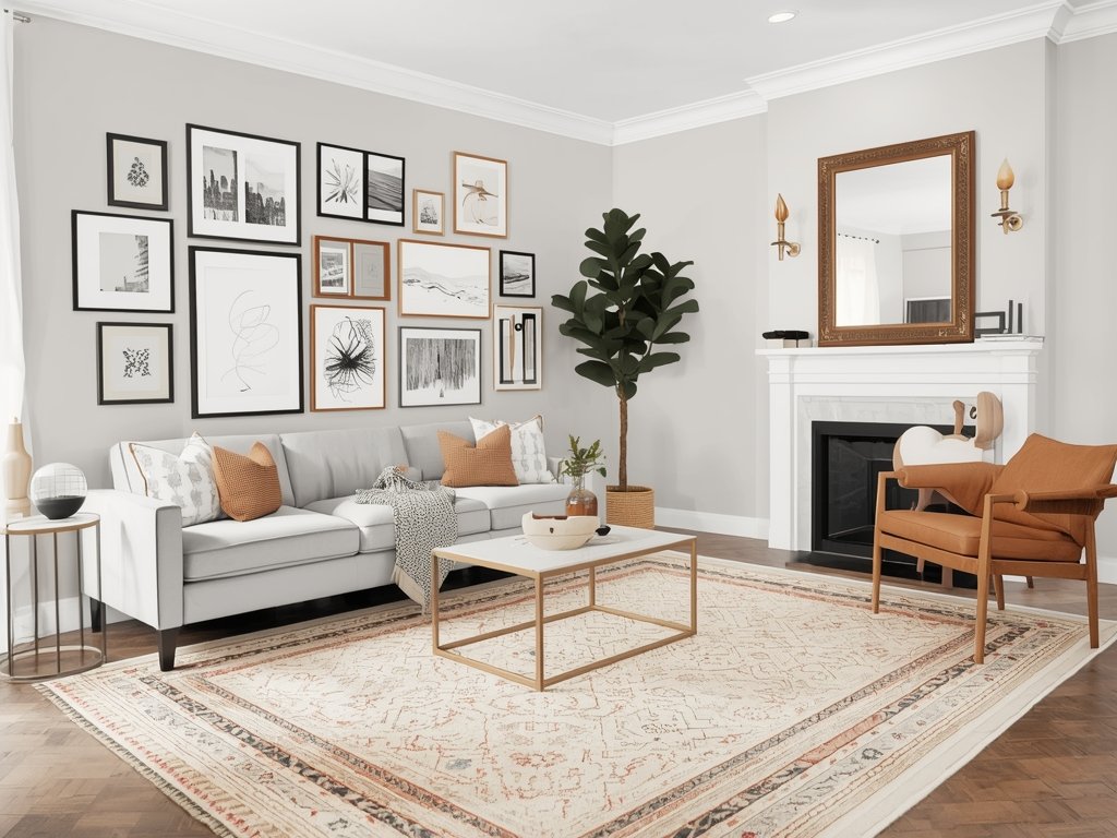 A beautifully styled neutral living room with a curated gallery