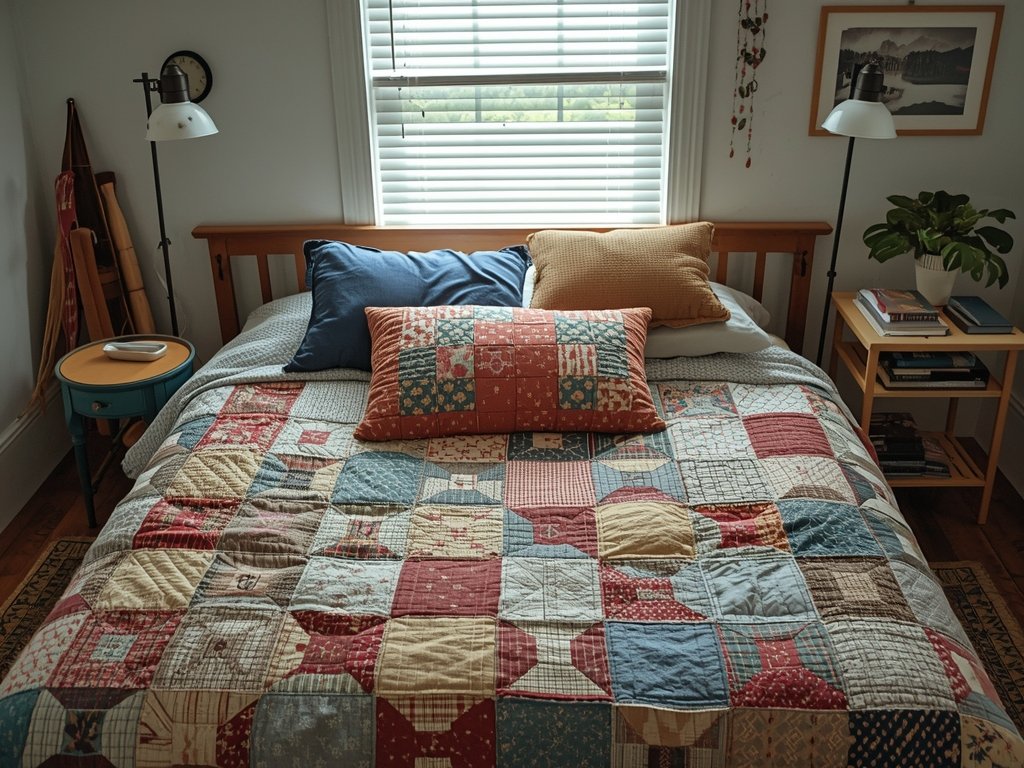 A bed layered with mismatched throw pillows, a handmade quilt,