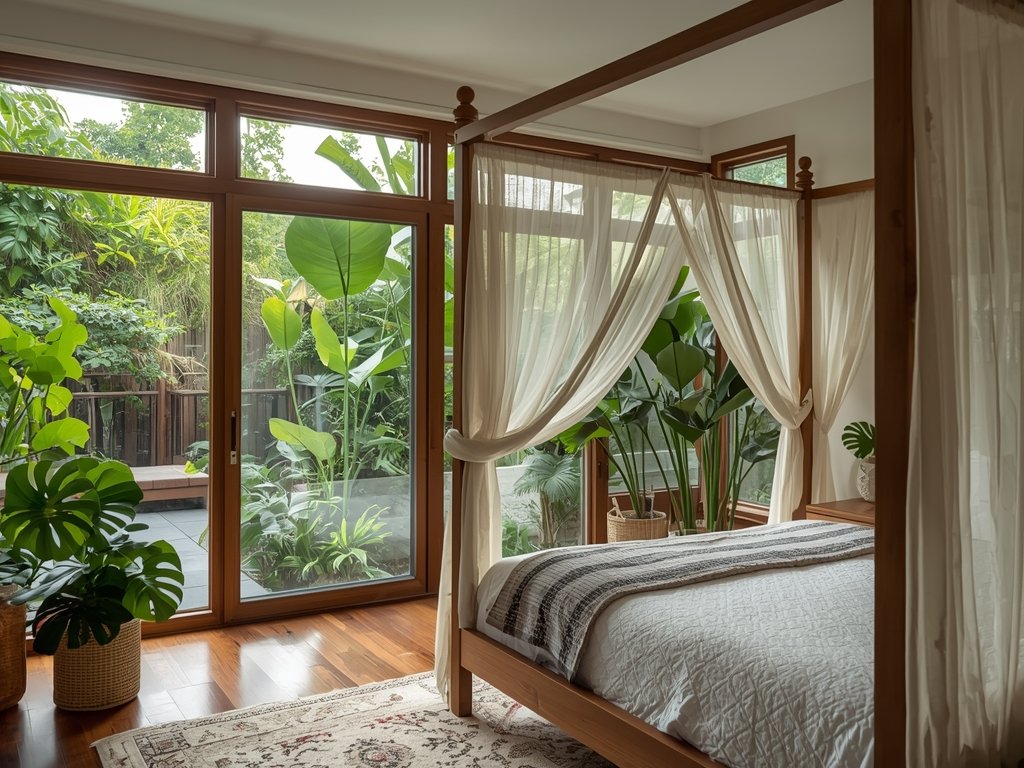 A bedroom featuring large windows with lush greenery outside, a