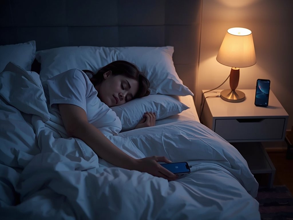 A bedroom scene with a woman sleeping peacefully, her phone
