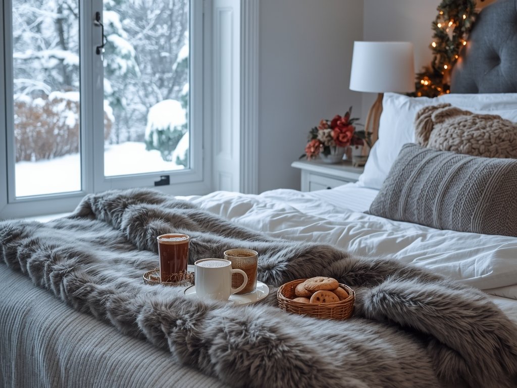 A bedroom styled for winter with a faux fur blanket,