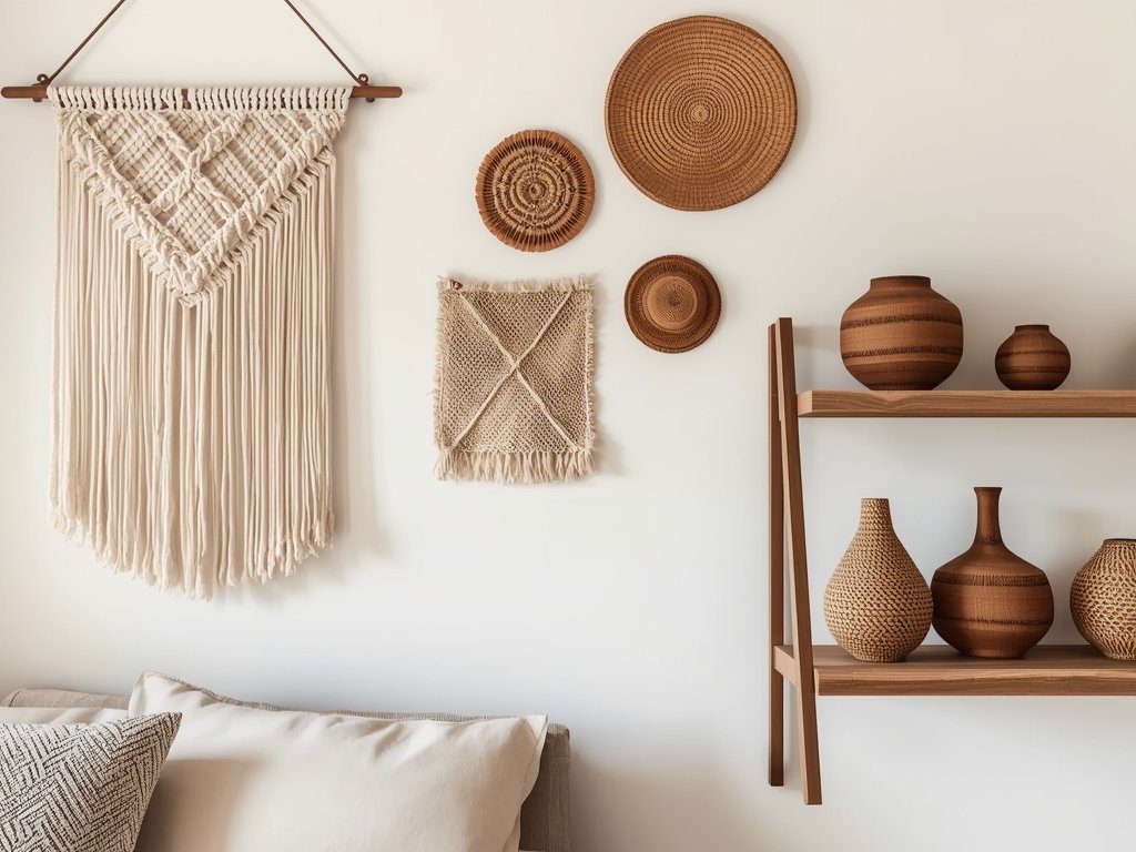 A bedroom wall adorned with a mix of textured elements,