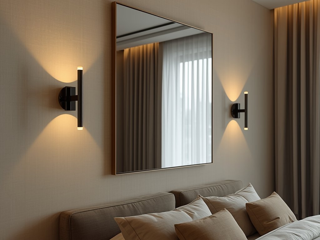A bedroom wall with a series of sleek, modern sconces