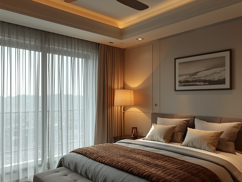 A bedroom with a combination of natural light streaming through