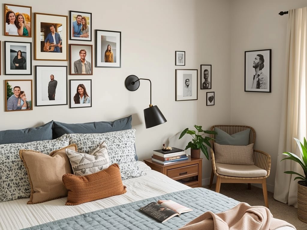 A bedroom with a gallery wall of personal photos, a