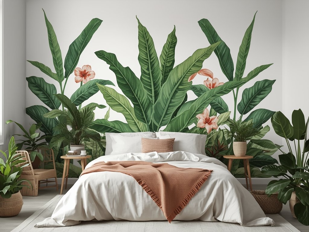 A bedroom with a large botanical mural covering one wall,