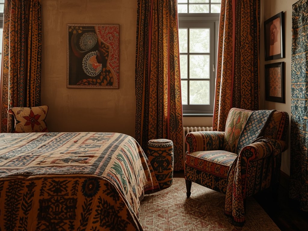 A bedroom with a mix of Afro-Bohemian textiles: a mud