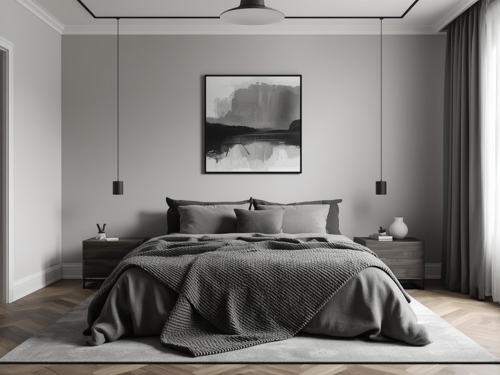A bedroom with a monochromatic color scheme of varying shades