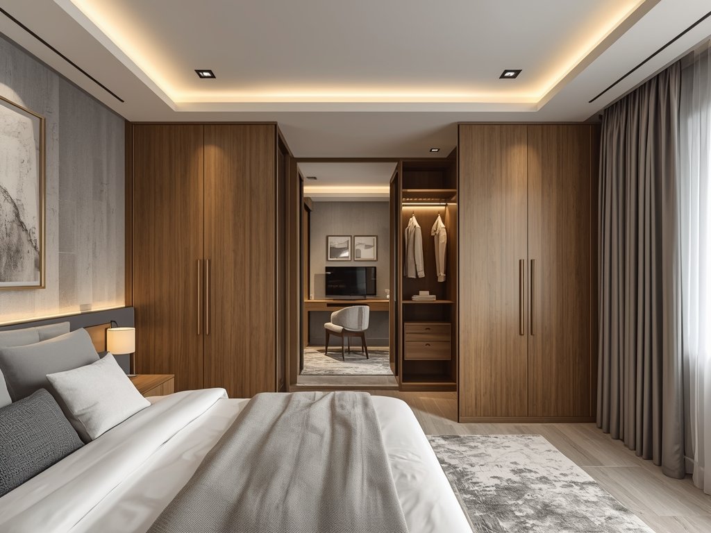A bedroom with built-in closet systems featuring sliding doors and