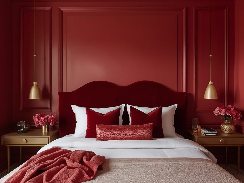 A bedroom with deep red accent walls, gold accents, and
