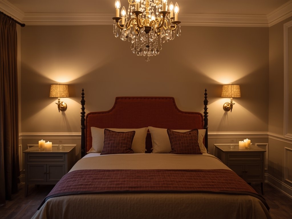 A bedroom with dimmable wall sconces, a chandelier, and scattered