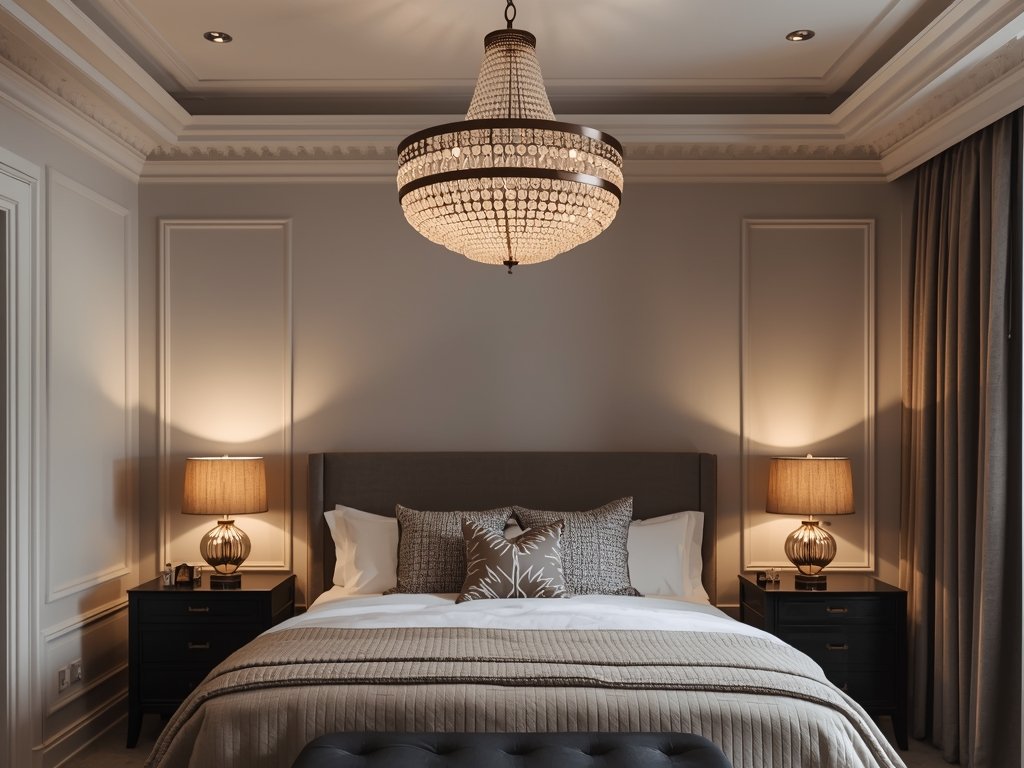 A bedroom with layered lighting, featuring a statement chandelier, bedside