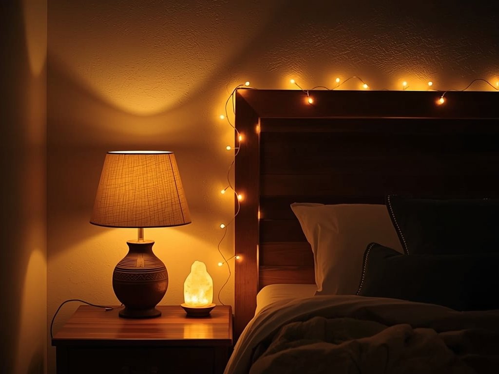 A bedroom with soft, warm lighting from a bedside lamp