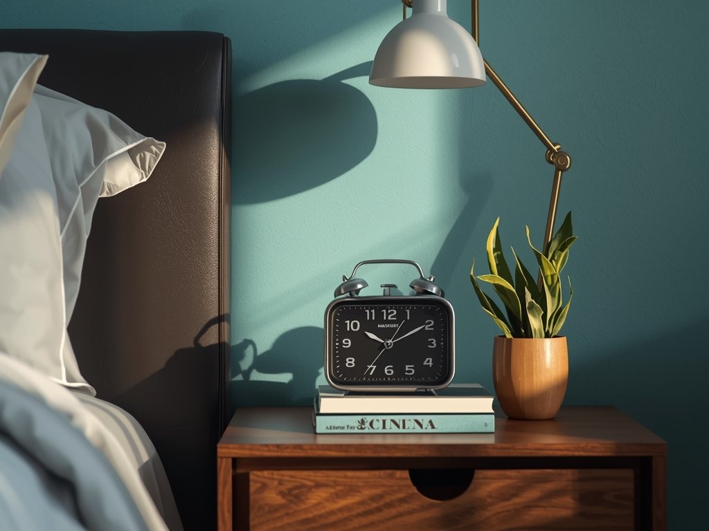 A bedside table styled with a thrifted alarm clock, a