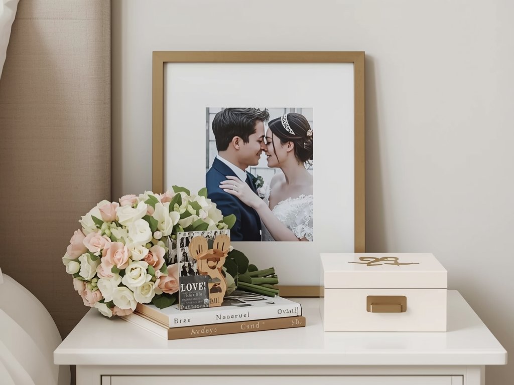 A bedside table with framed photos, a small bouquet of