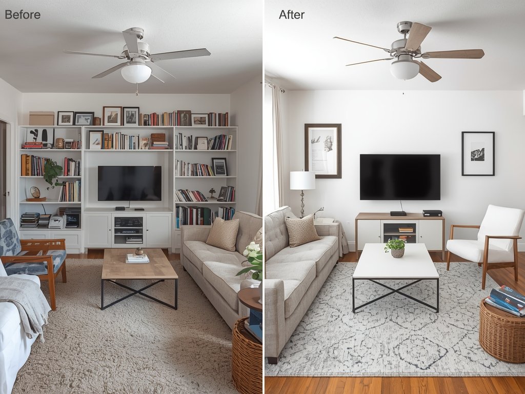 A before-and-after comparison of a cluttered living room transformed into