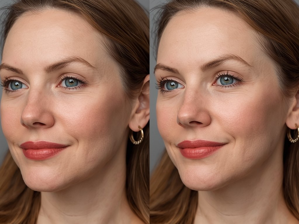 A before-and-after comparison of Sarah's face, showing a noticeable improvement