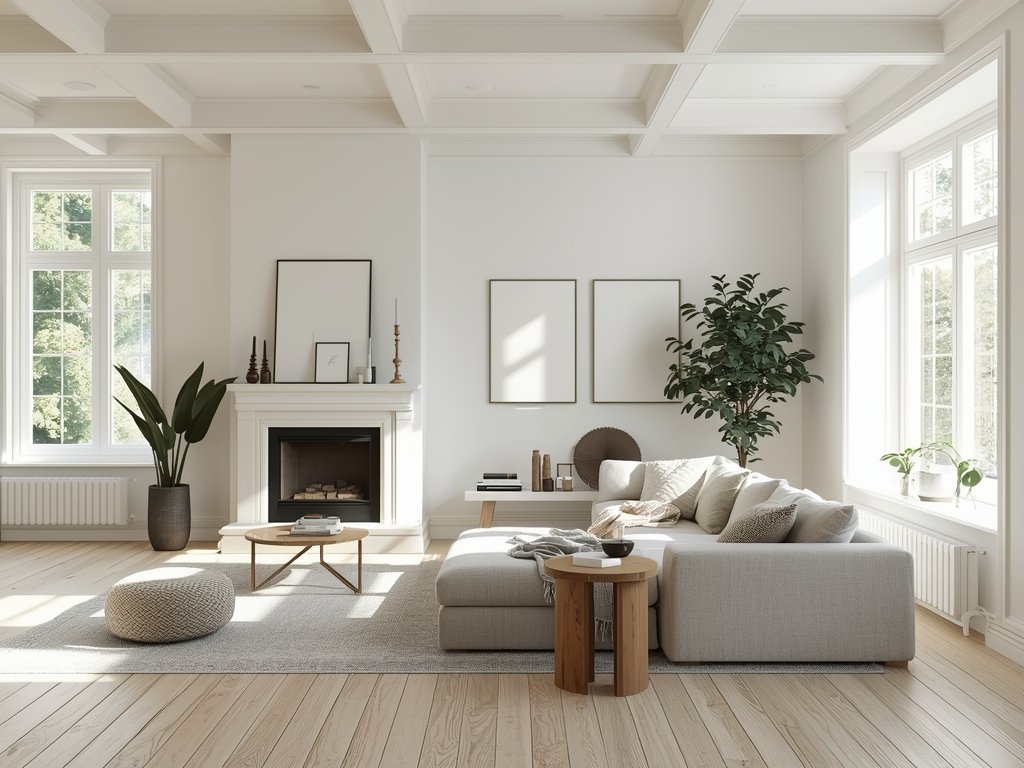 A bright, airy Scandinavian living room with white walls, light