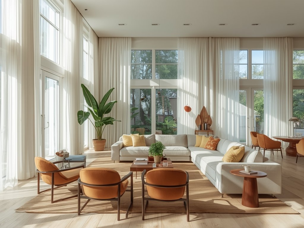 A bright living room with large windows and sheer curtains,