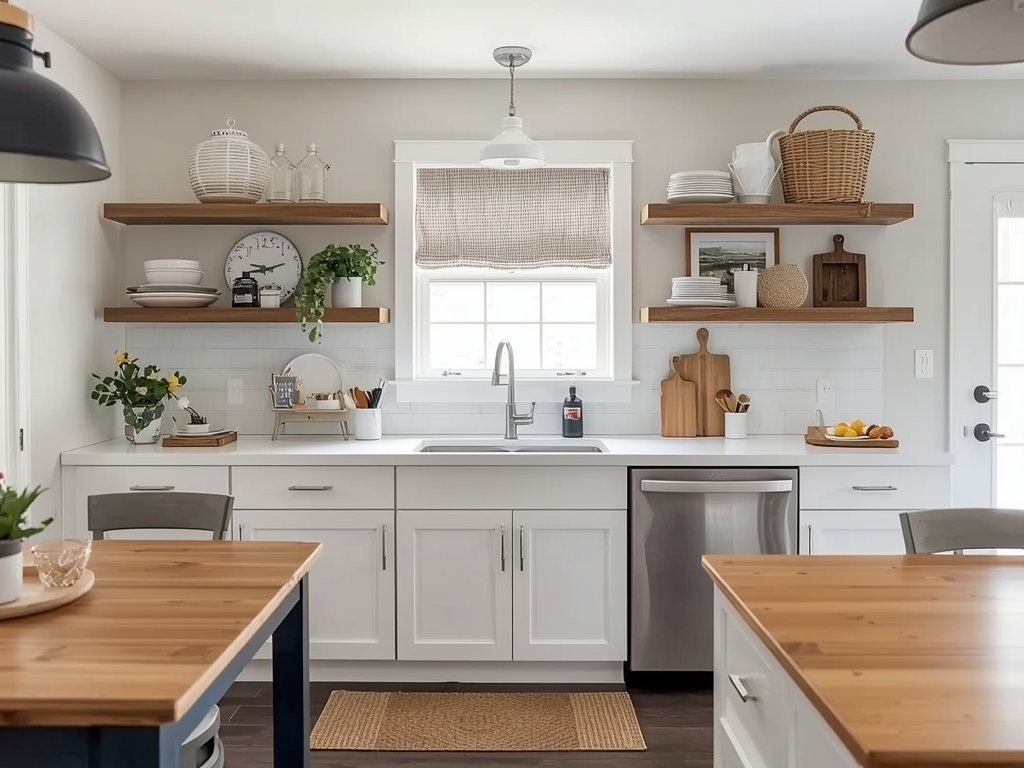 A budget-friendly farmhouse kitchen with DIY open shelving, painted cabinets,