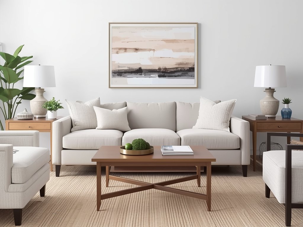 A budget-friendly neutral living room with thrifted furniture, DIY artwork,