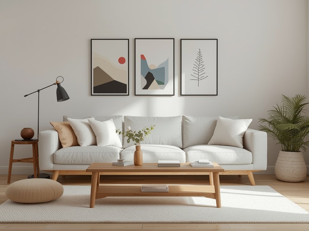 A budget-friendly Scandinavian living room with a secondhand wooden coffee