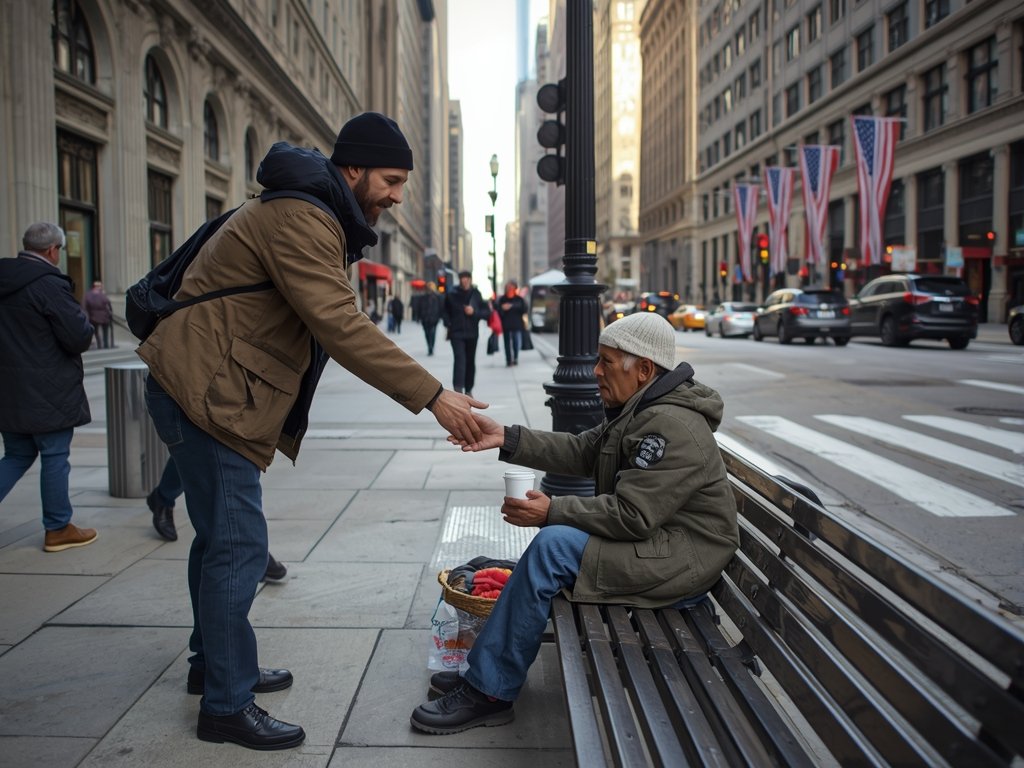 A bustling city street in Chicago, with John handing a