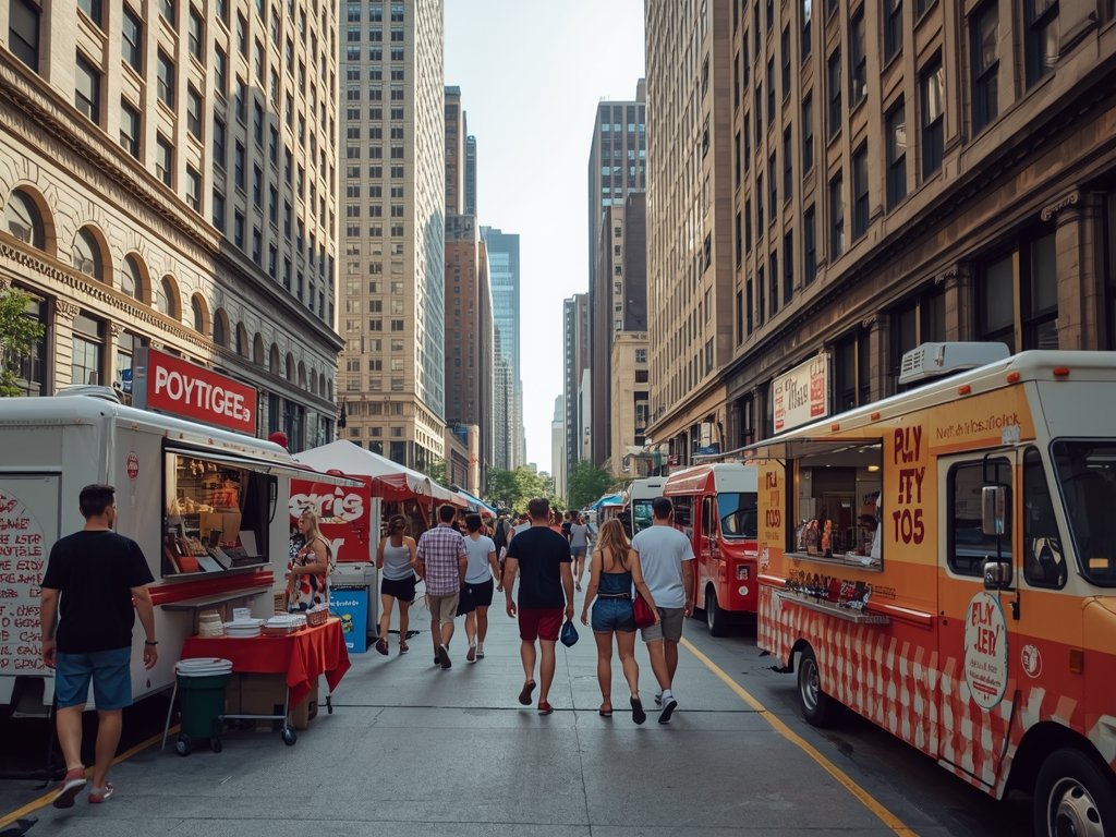 A bustling city street in Chicago, with a variety of