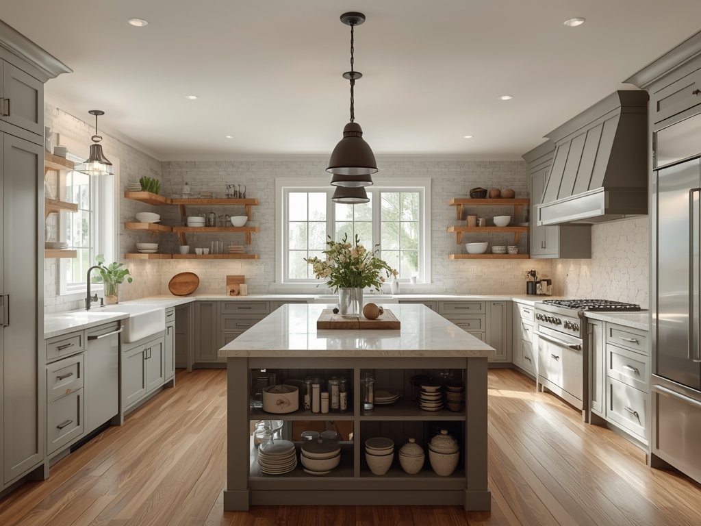A bustling farmhouse kitchen with a large island, pendant lights,