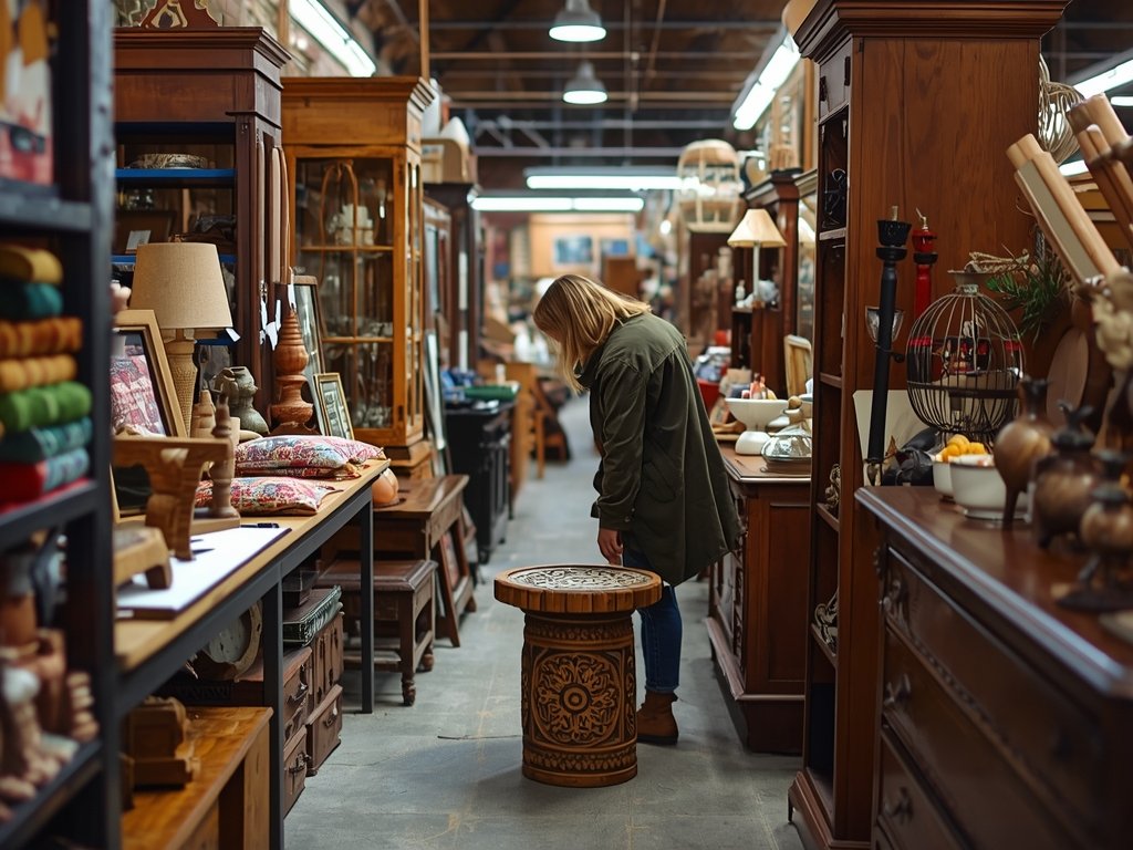 A bustling thrift store with shelves filled with vintage furniture,