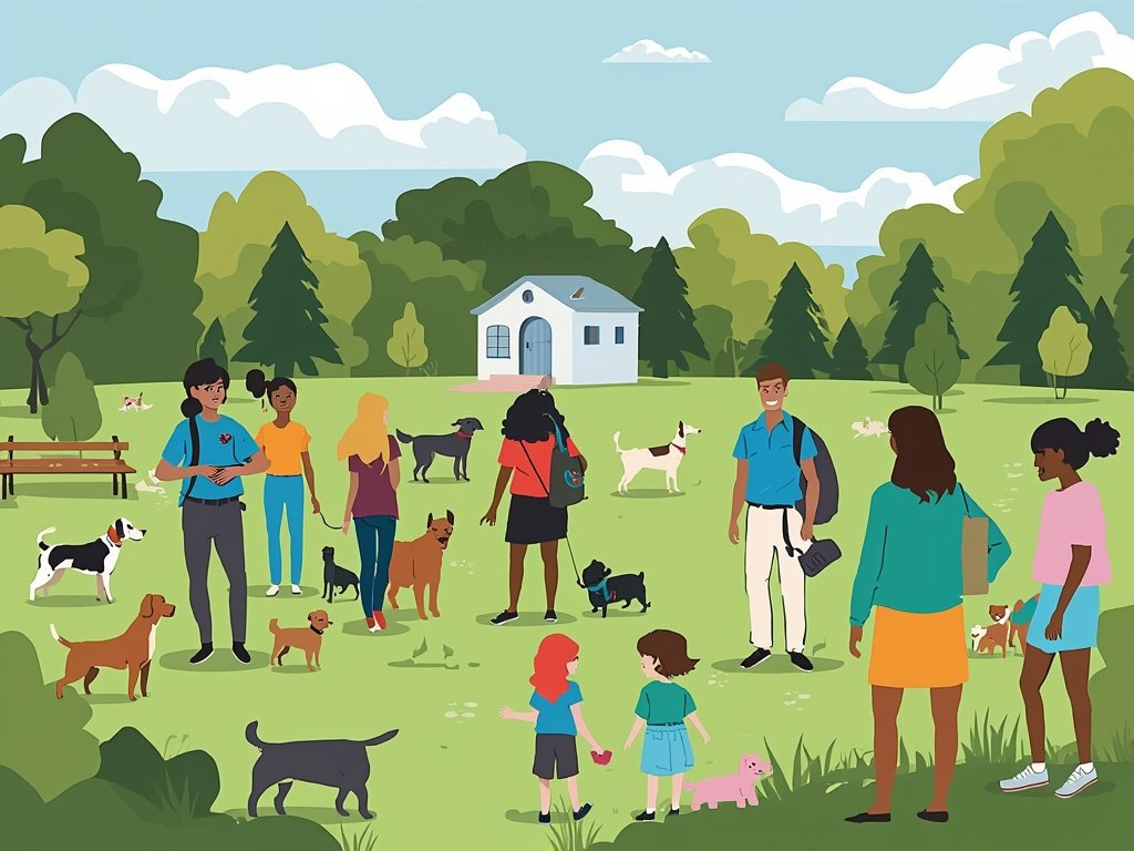 A busy shelter adoption event in a park, with volunteers,