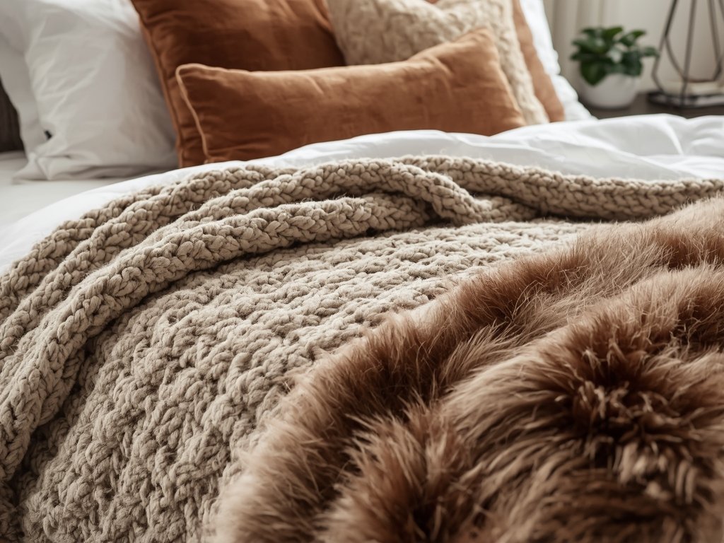 A close-up of a bed layered with a chunky knit
