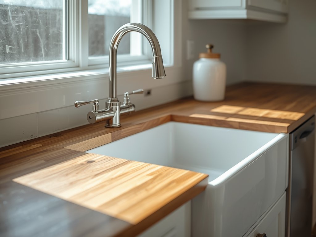 A close-up of a farmhouse kitchen countertop with a butcher