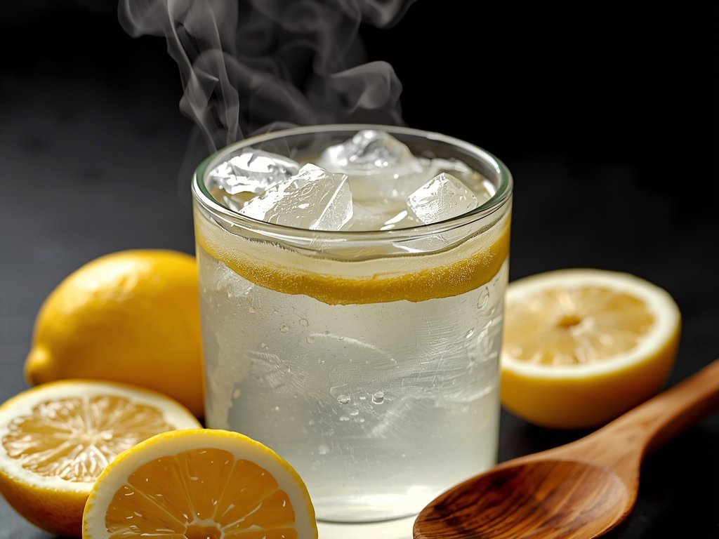 A close-up of a glass of warm water with steam