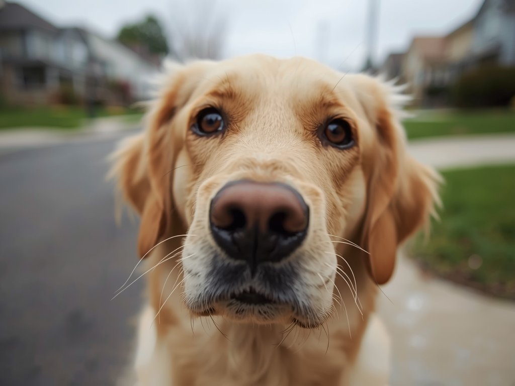 A close-up of a golden retriever's face, its eyes bright