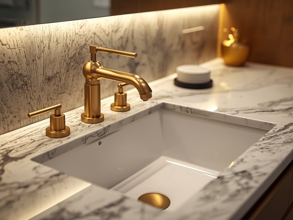A close-up of a modern bathroom countertop made of honed