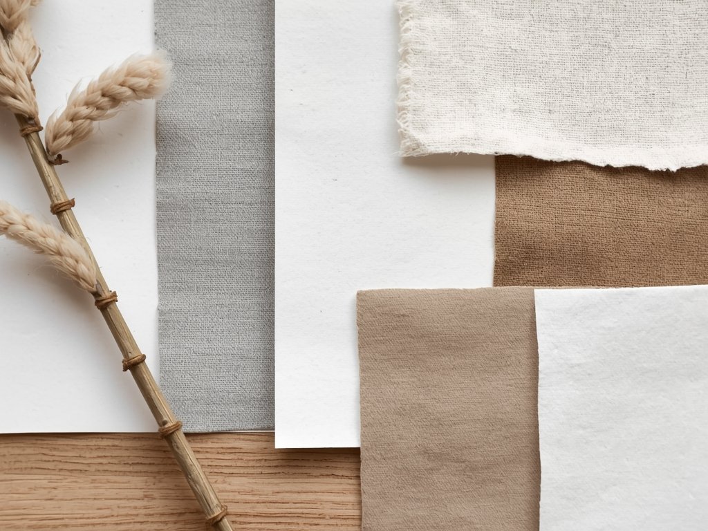 A close-up of a mood board with swatches of beige,