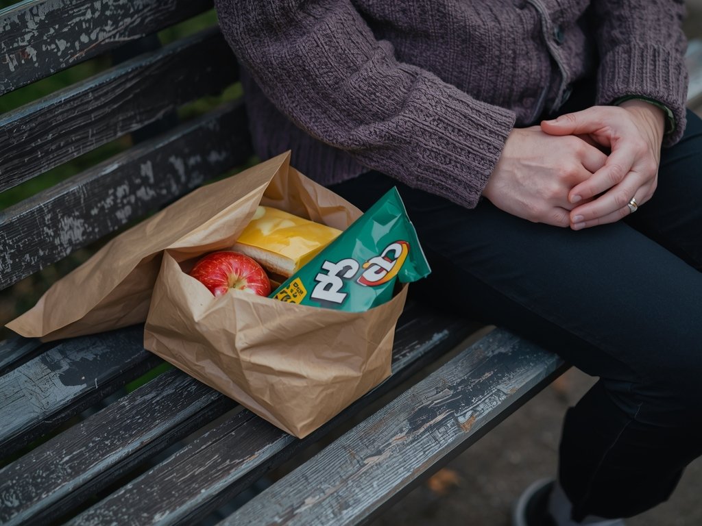 A close-up of a simple paper bag lunch, containing a