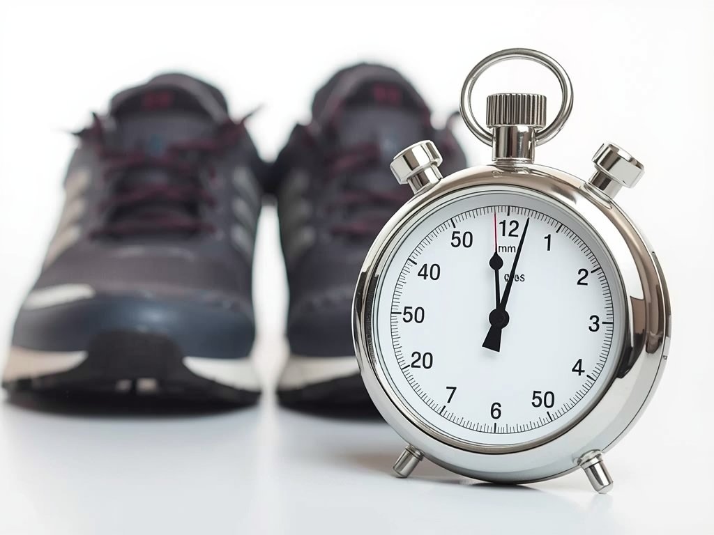 A close-up of a stopwatch showing 10 minutes, with a